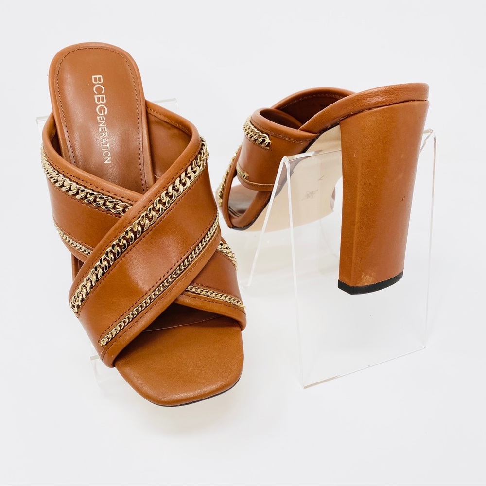 BCBGeneration Wabbi Cognac Block Heel Slide Sandals | Size 7M | NIB - Picture 1 of 6